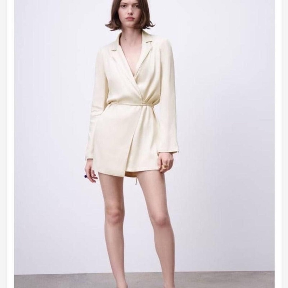 Cream Satin Wrap Blazer Dress